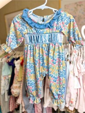 "Mama's Girl" Blue Floral Smocked Baby One-Piece Bodysuit